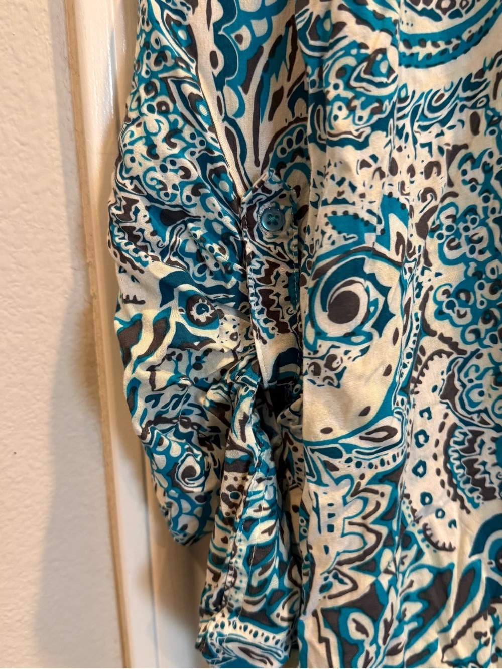 SOLD!!! White and Teal Paisley Shirt Dress - Picture 6 of 7